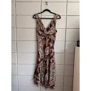 Vintage Women's Y2K Chocolate Paisley Floral Floret V Neck Midi Dress size 10